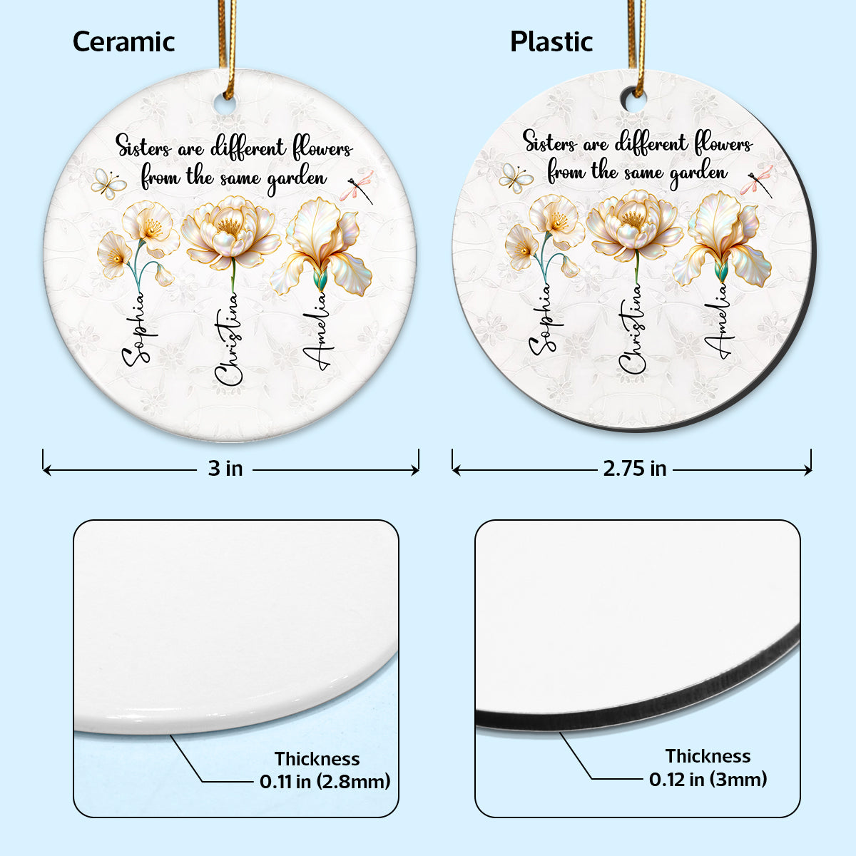 3D Effect Birth Flowers Sisters From The Same Garden - Personalized Ceramic Ornament - Birthday Christmas Just Because Gift For Sisters, Besties