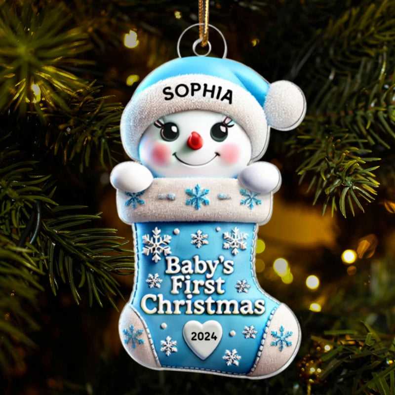 Baby First Christmas Snowman On Stocking 1st Christmas Keepsake Personalized Acrylic Ornament