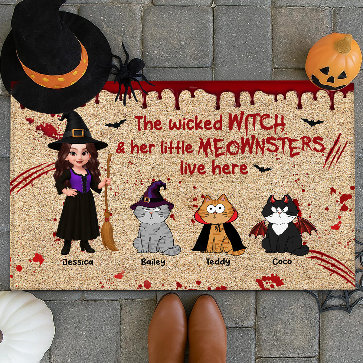 Halloween Wicked Witch And Little Monsters Cats Live Here Personalized Doormat