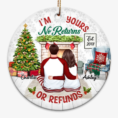 Pajamas Couple Back View Sitting At Fireplace I‘m Yours No Returns Or Refund Personalized Circle Ornament