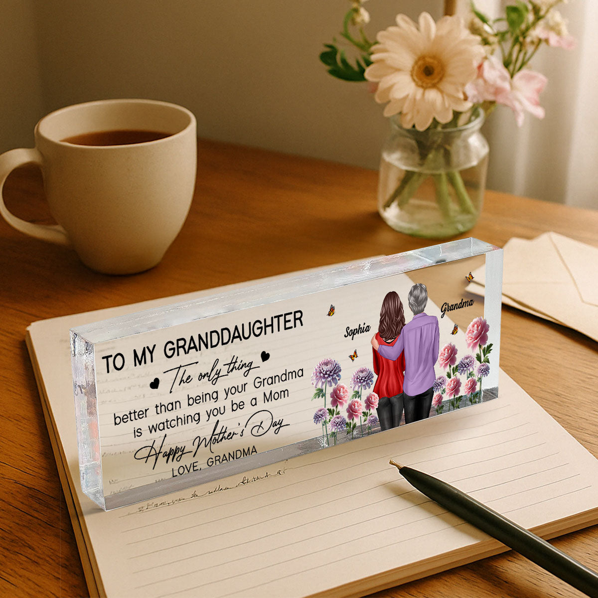 To My Granddaughter From Grandma Happy Mother's Day Birth Flower Personalized Desk Block, Gift For Granddaughter