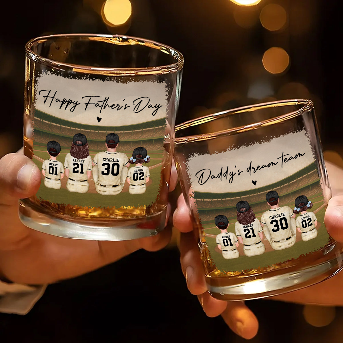 Retro Vintage Baseball Daddy's Dream Team Personalized Wine Glass, Whiskey Glass, Gift For Dad