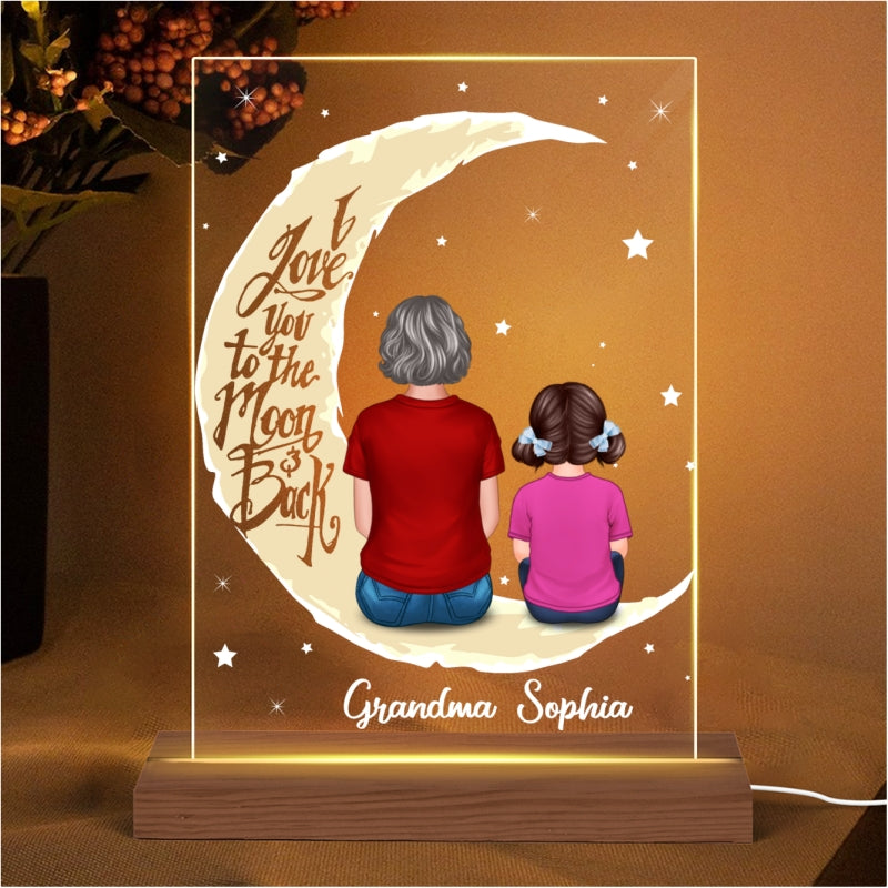 Grandma & Grandkid On Moon Back View Personalized Plaque With LED Night Light - Gift For Grandmas - Gift For Grandchildren