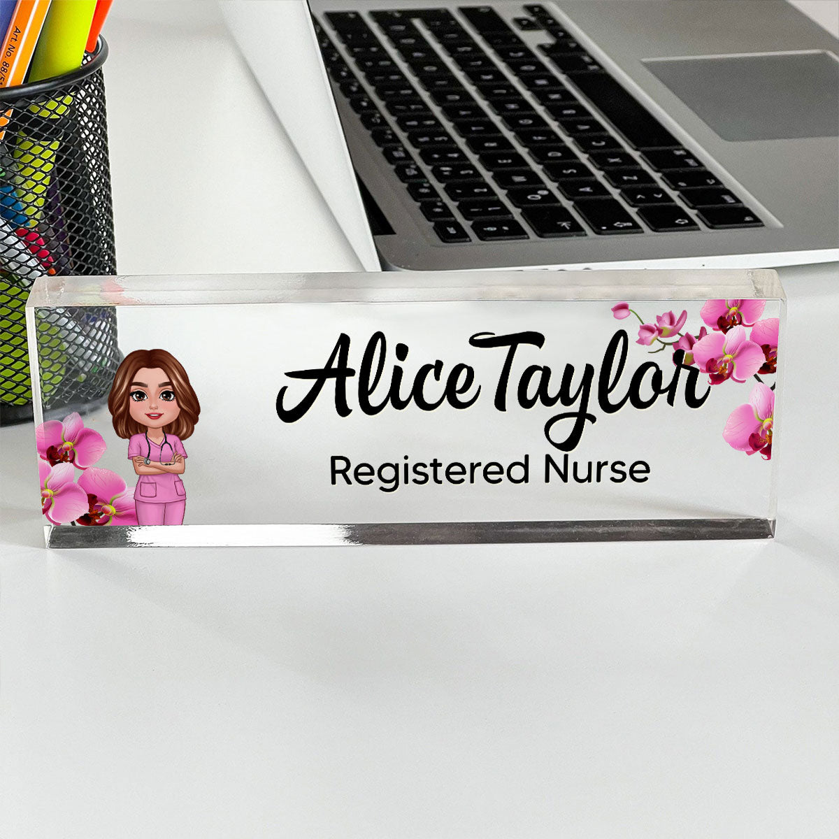Daisy Flowers Woman Man Office - Personalized Acrylic Desk Name Plate - Gift For Colleagues, Coworkers, Boss
