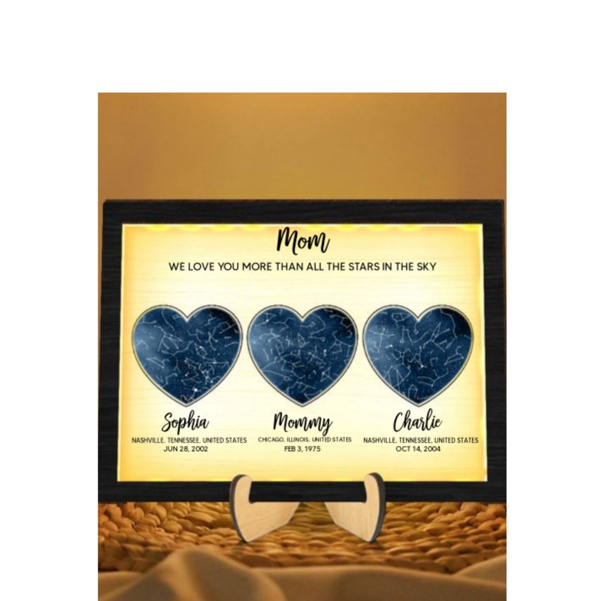 Mom We Love You More than All the Stars in the Ky, Custom Star Map by Location & Date, Personalized 2-Layered Wooden Plaque with LED, Gift for Mom from Daughter, Son, Heartfelt Gift