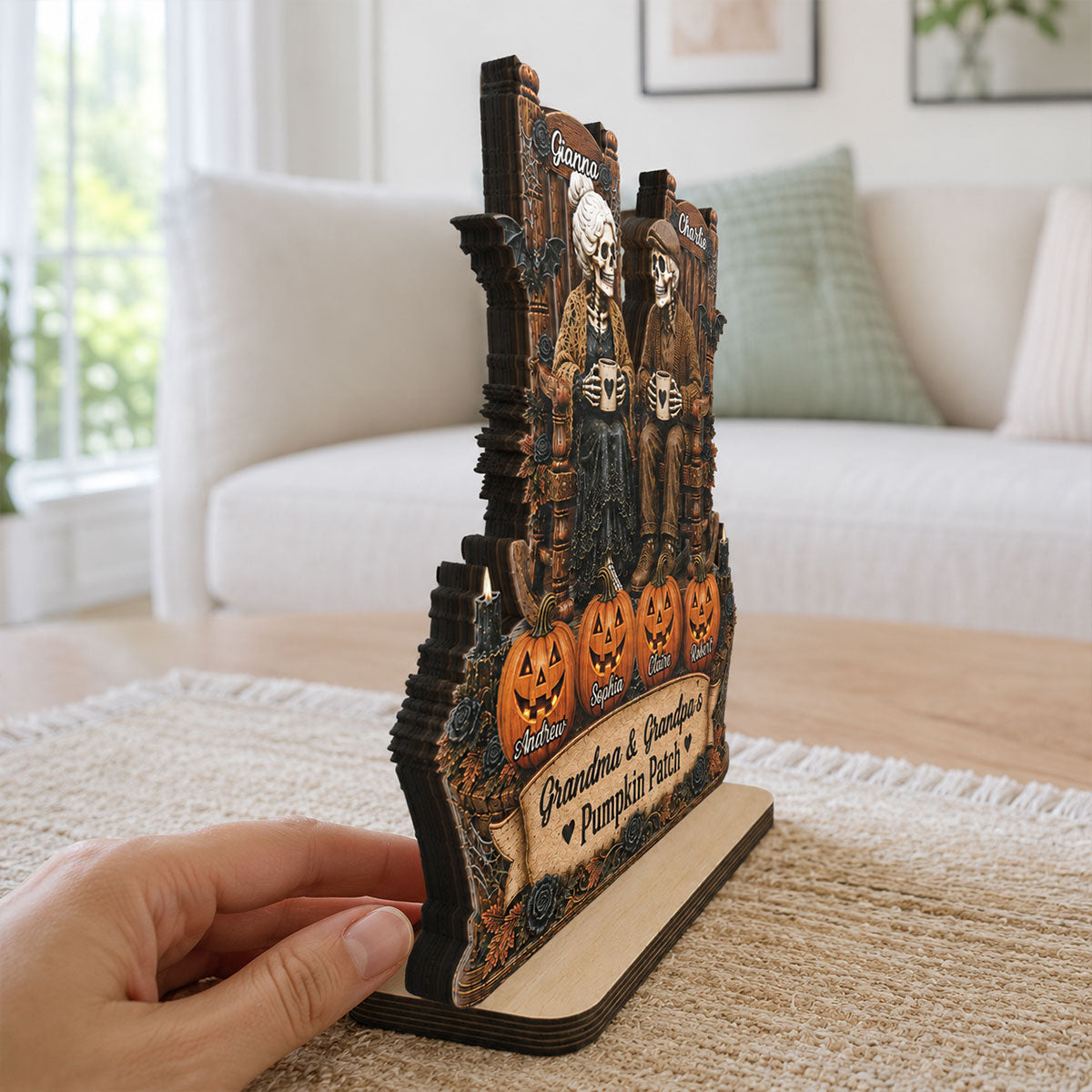 Grandma Grandpa Skeleton Pumpkin Patch 2D Flat - Personalized Wooden Plaque - Halloween Gift