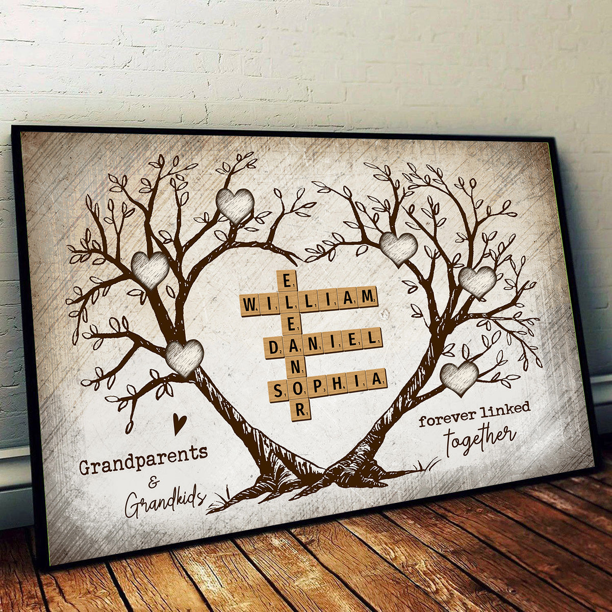 Grandparents & Grandkids Forever Linked Together Heart Tree Puzzle Crossword Art Personalized Poster, Gift For Grandparents, Grandma, Grandpa