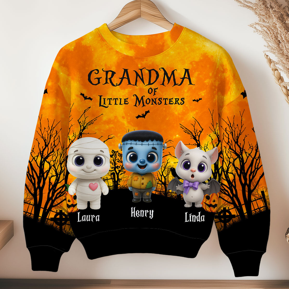 Grandma Mom Cute Little Monsters Halloween Moon Light Bat Tree Personalized 3D Sweatshirt, Purrfect Costume for Grandma