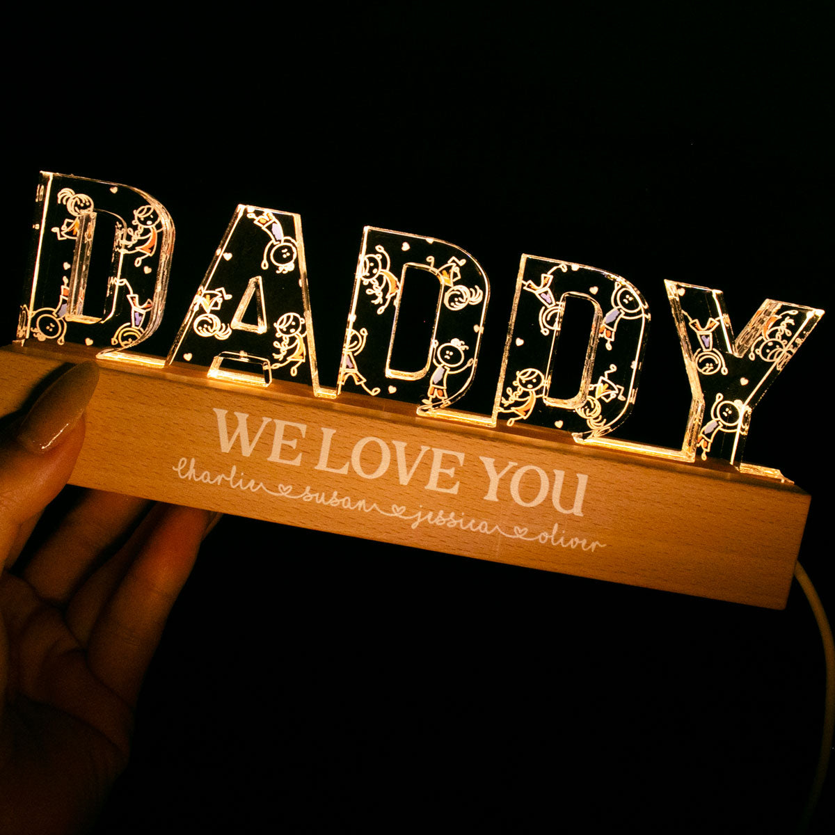 Daddy Drawing Cute Kids Personalized LED Night Light, Gift For Dad
