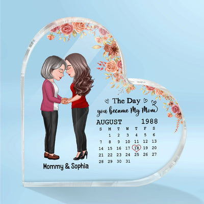 Mom Daughter Holding Hands Floral Calendar Date Personalized Acrylic Heart Plaque