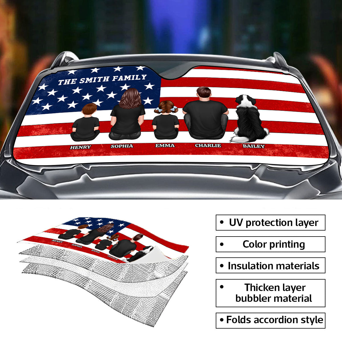 Family Sitting Back View Nation Flag Personalized Car Sun Shade
