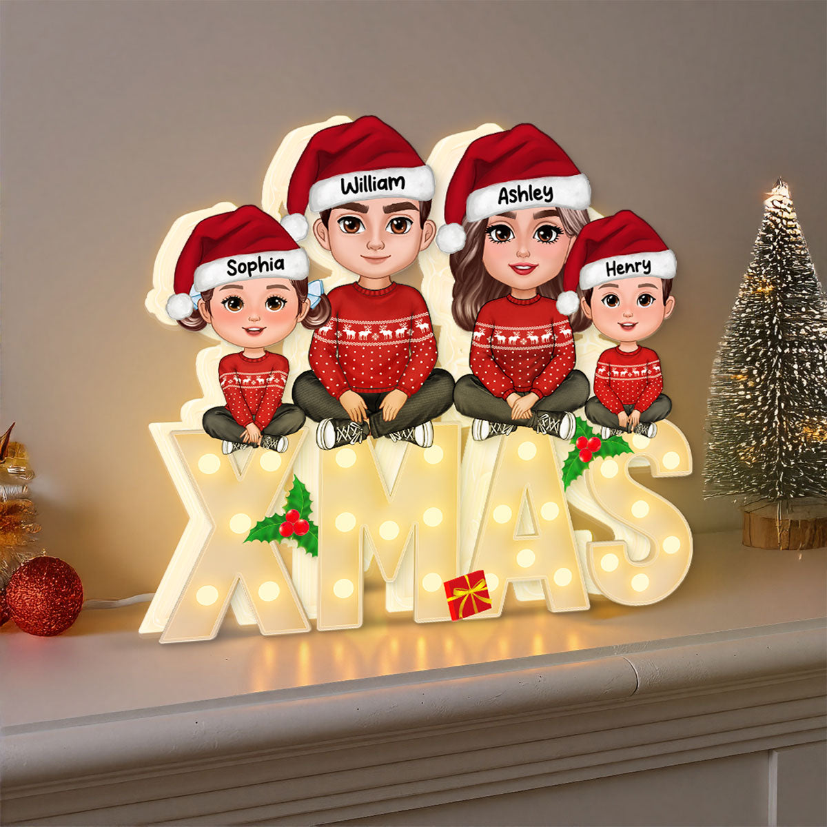 Family Sitting On Marquee Effect Letter Personalized LED Light Box, Christmas Decor For Family