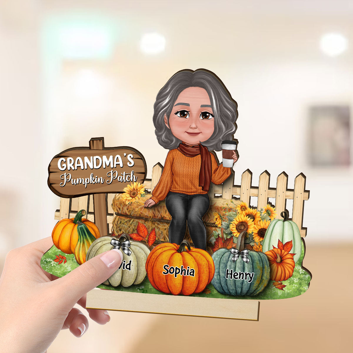 Grandma's Pumpkin Patch Fall Season Tier Tray Decor Personalized 2-Layer Standing Wooden Plaque