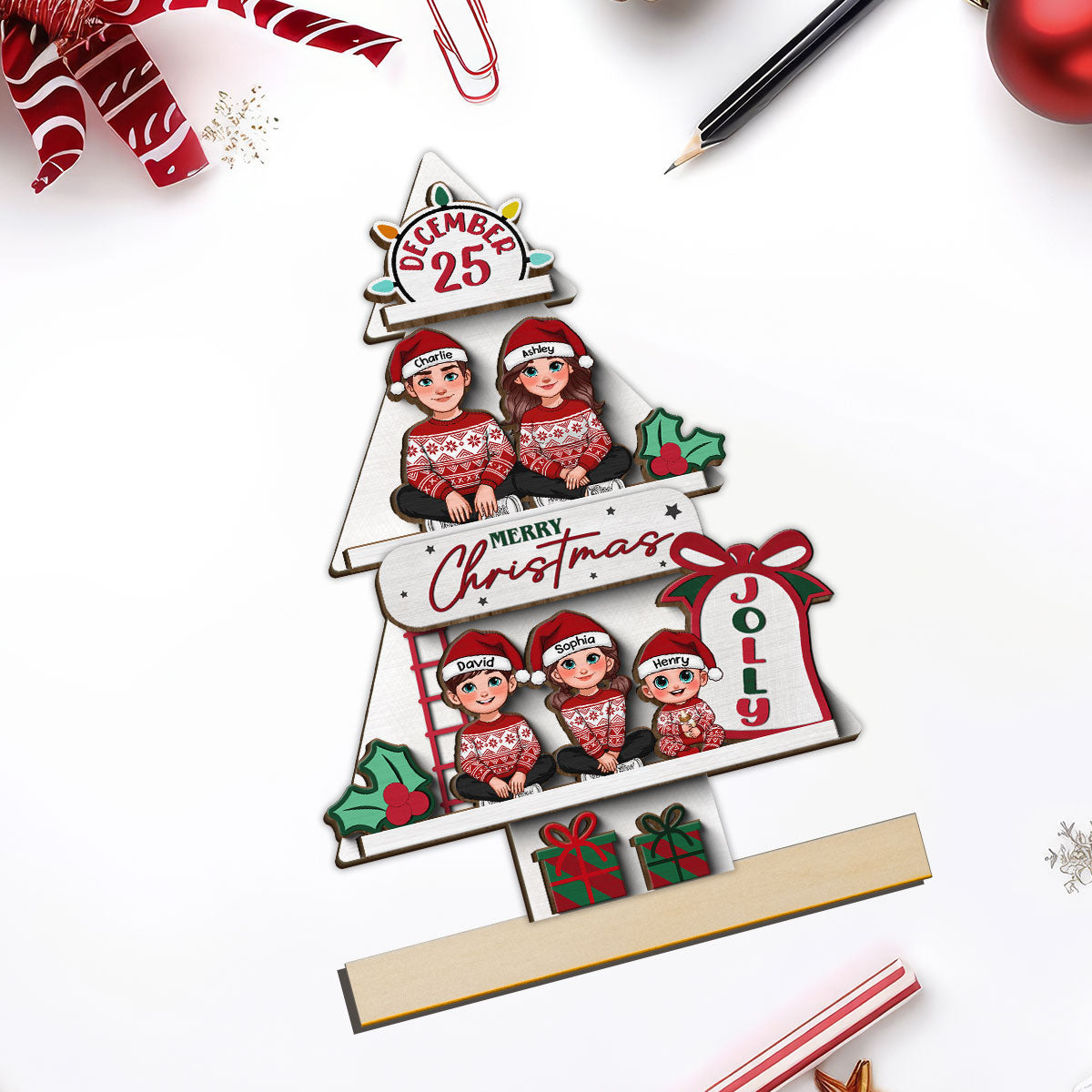 Pine Tree Christmas Family Sitting Personalized 2-Layer Standing Wooden Plaque