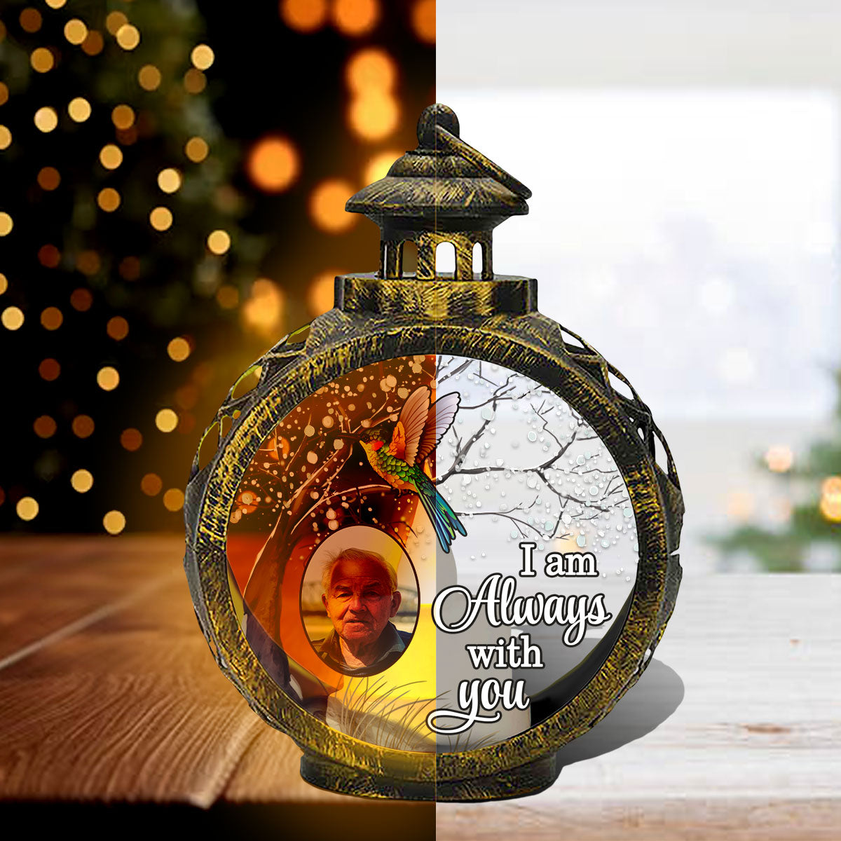 Hummingbird Always With You Blossom Tree Memorial Custom Photo Personalized Lantern Ornament, Remembrance Gif