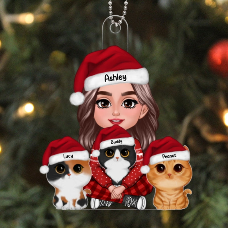 Woman Holding Cute Fluffy Cat Christmas Gift For Cat Lover Cat Mom Personalized Acrylic Ornament