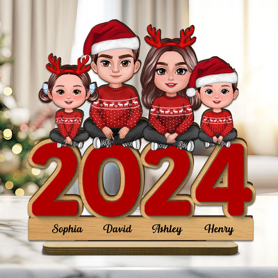 Family Sitting On 2024 Personalized 2-Layer Standing Wooden Plaque, Christmas Tier Tray Decoration