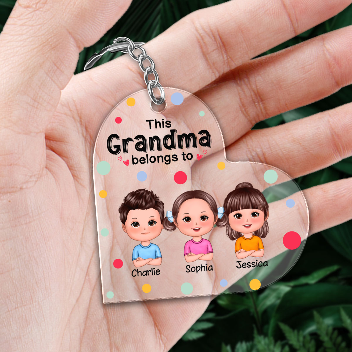 This Grandma Mom Belongs To Cute Doll Kids Colorful Dot Personalized Heart Acrylic Keychain