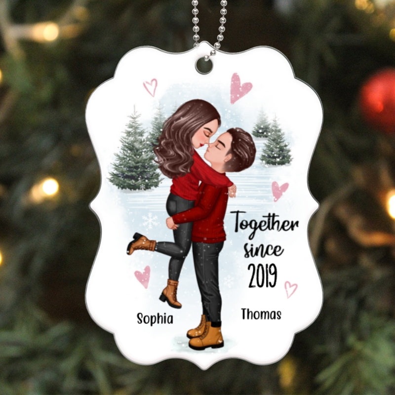 Doll Couple Hugging Kissing In Snow Pink Hearts Personalized Acrylic Ornament