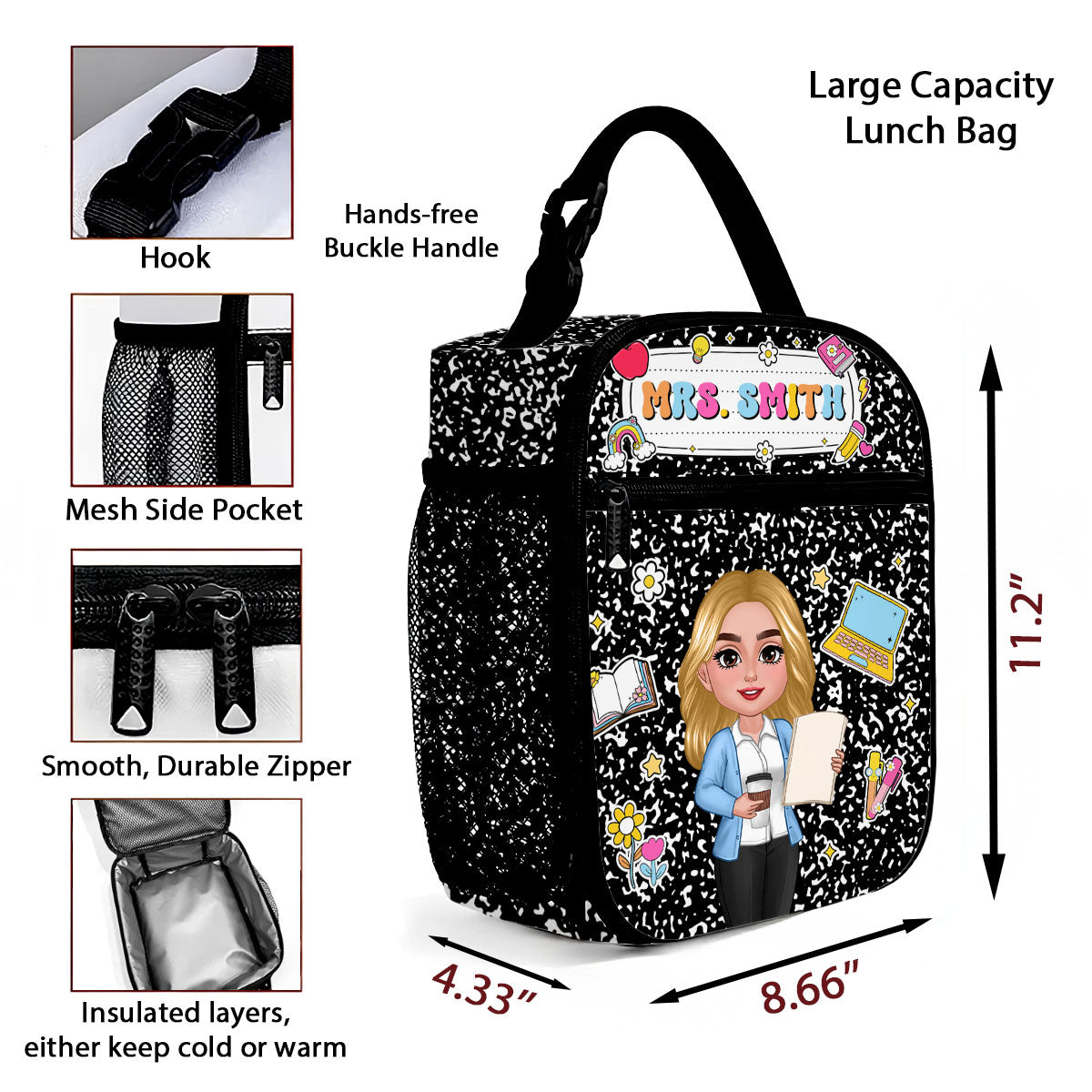Teacher Composition Book Pattern Personalized Insulated Lunch Bag, Back To School Gift For Teacher