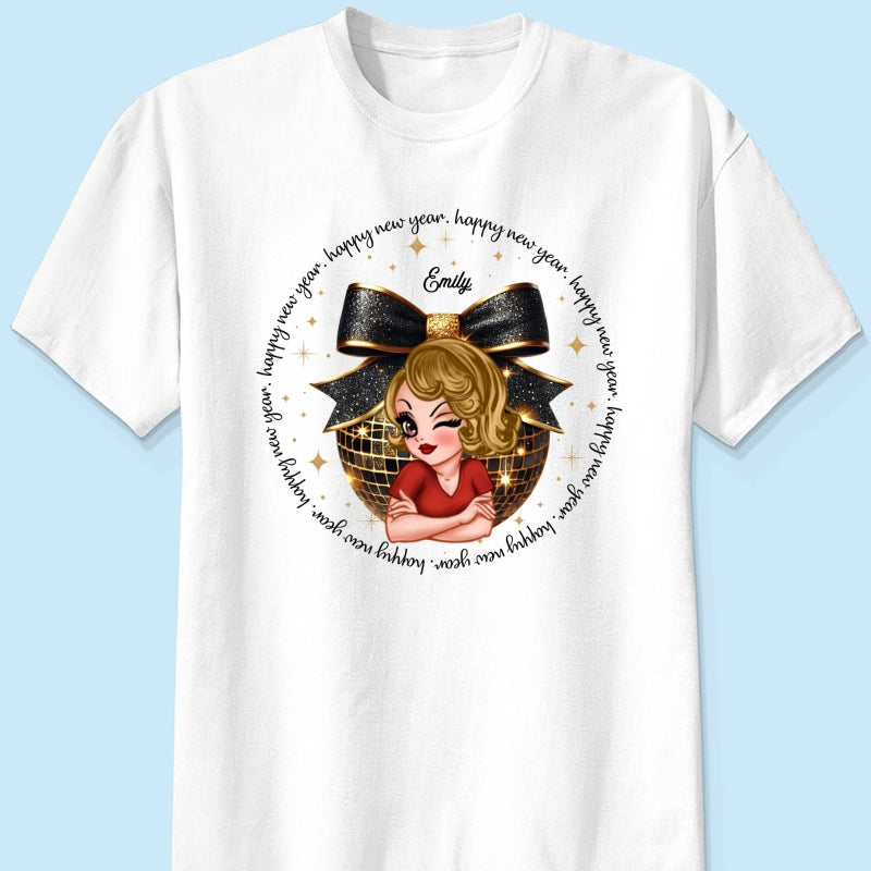 Happy New Year 2025 Black And Gold Glitter Disco Ball Personalized Shirt, New Year Gift For Yourself