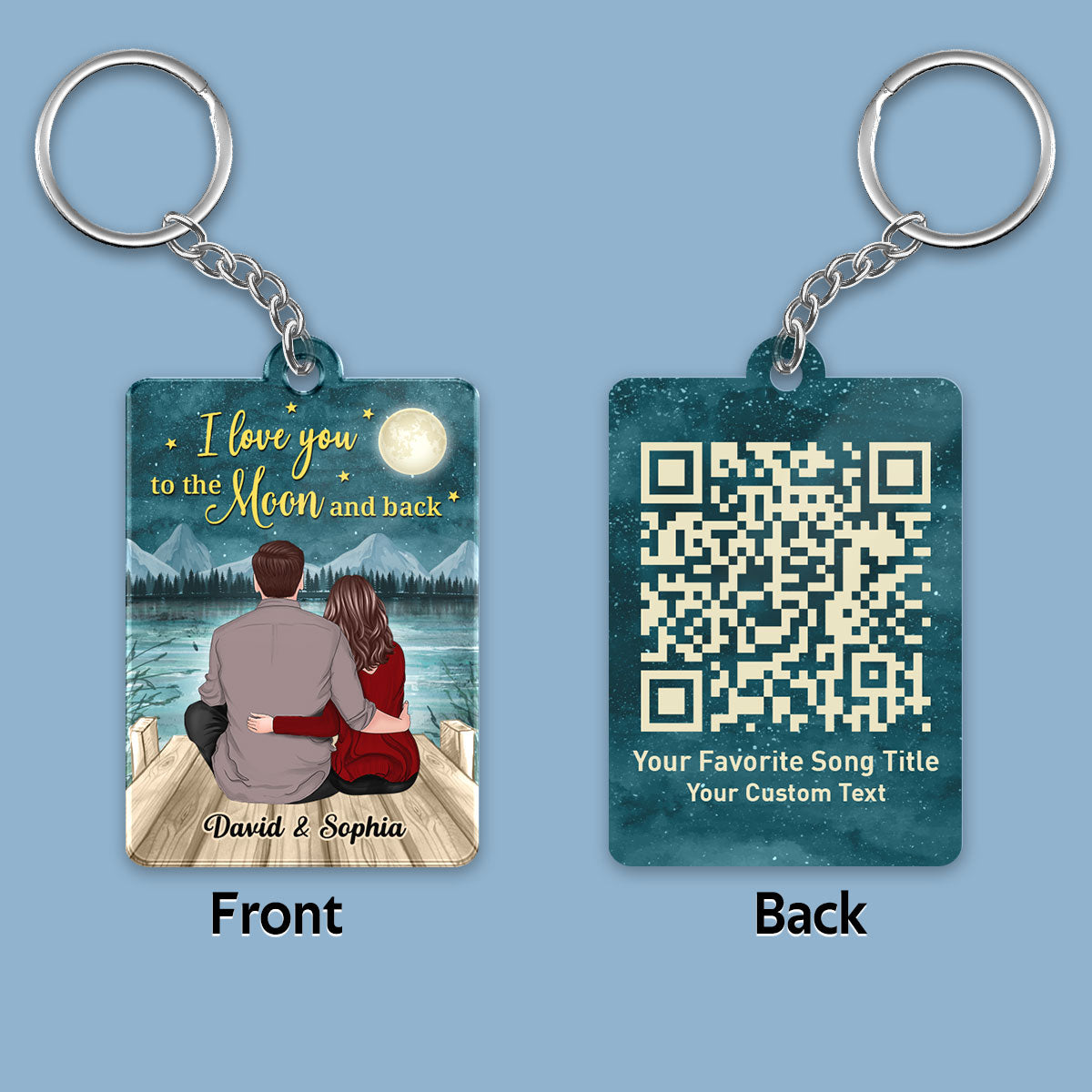 Back View Couple Sitting On The Bridge I Love You To The Moon And Back Favorite Song Scannable QR Code Personalized Acrylic Keychain