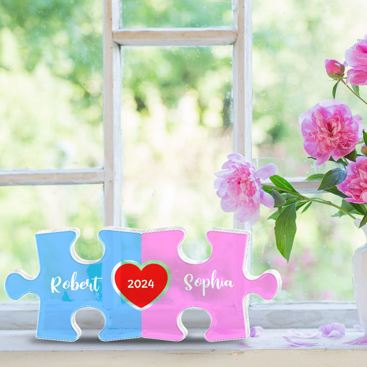 Love Is The Piece That Holds Us Together Acrylic Block Plaque, Personalize Couple Puzzle Name Sign,  Gift For Him, For Her, Wedding Gift