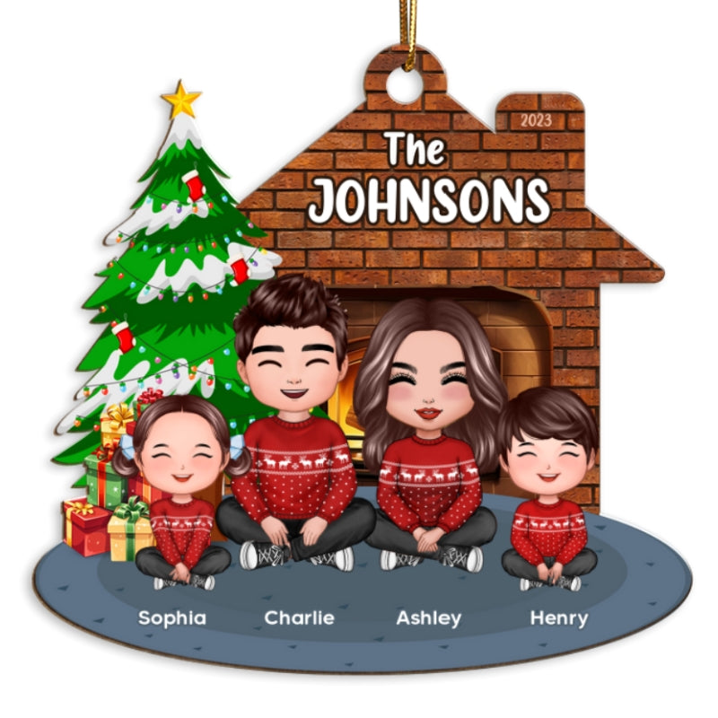 Whole Cute Family Crossed Legs Dad Mom Kid Dog Cat By Christmas Tree In House Personalized Wooden Ornament