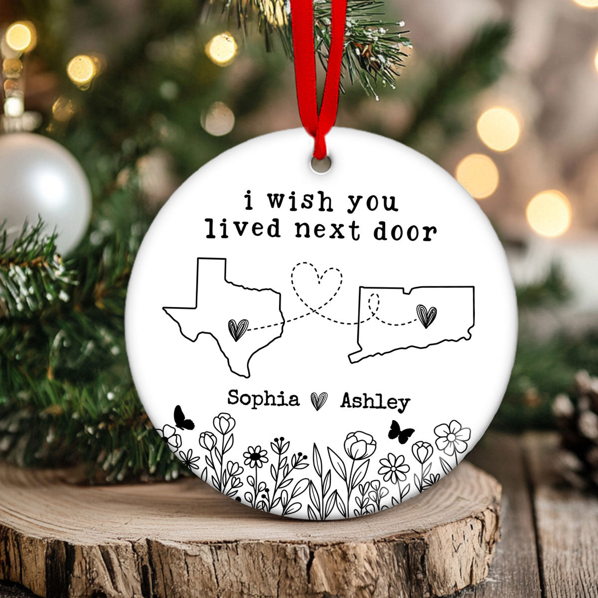 Besties Sisters Long Distance Wildflowers Personalized Circle Ornament, Togetherness Gift