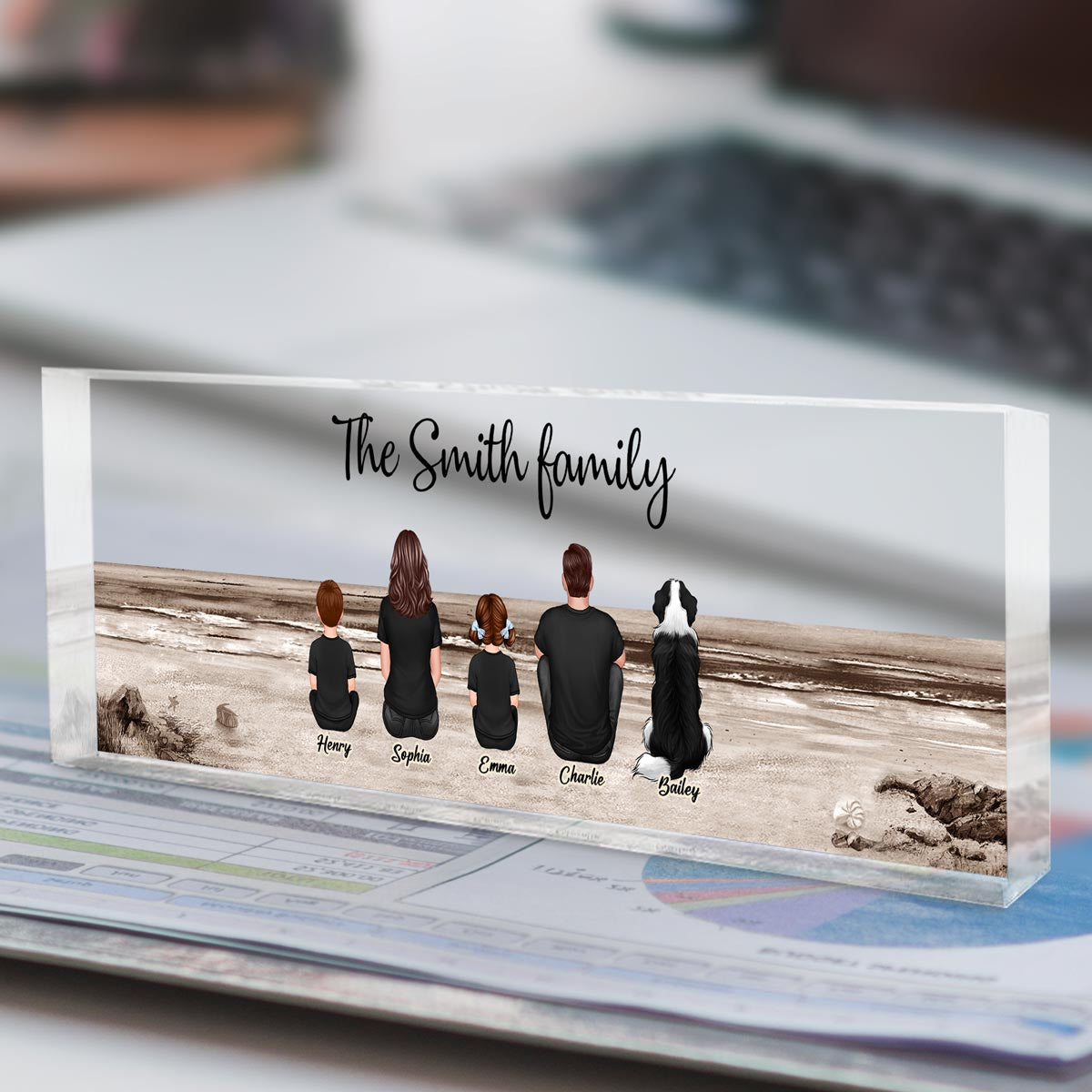 Family Sitting Back View Retro Vintage Beach Personalized Acrylic Desk Name Plate