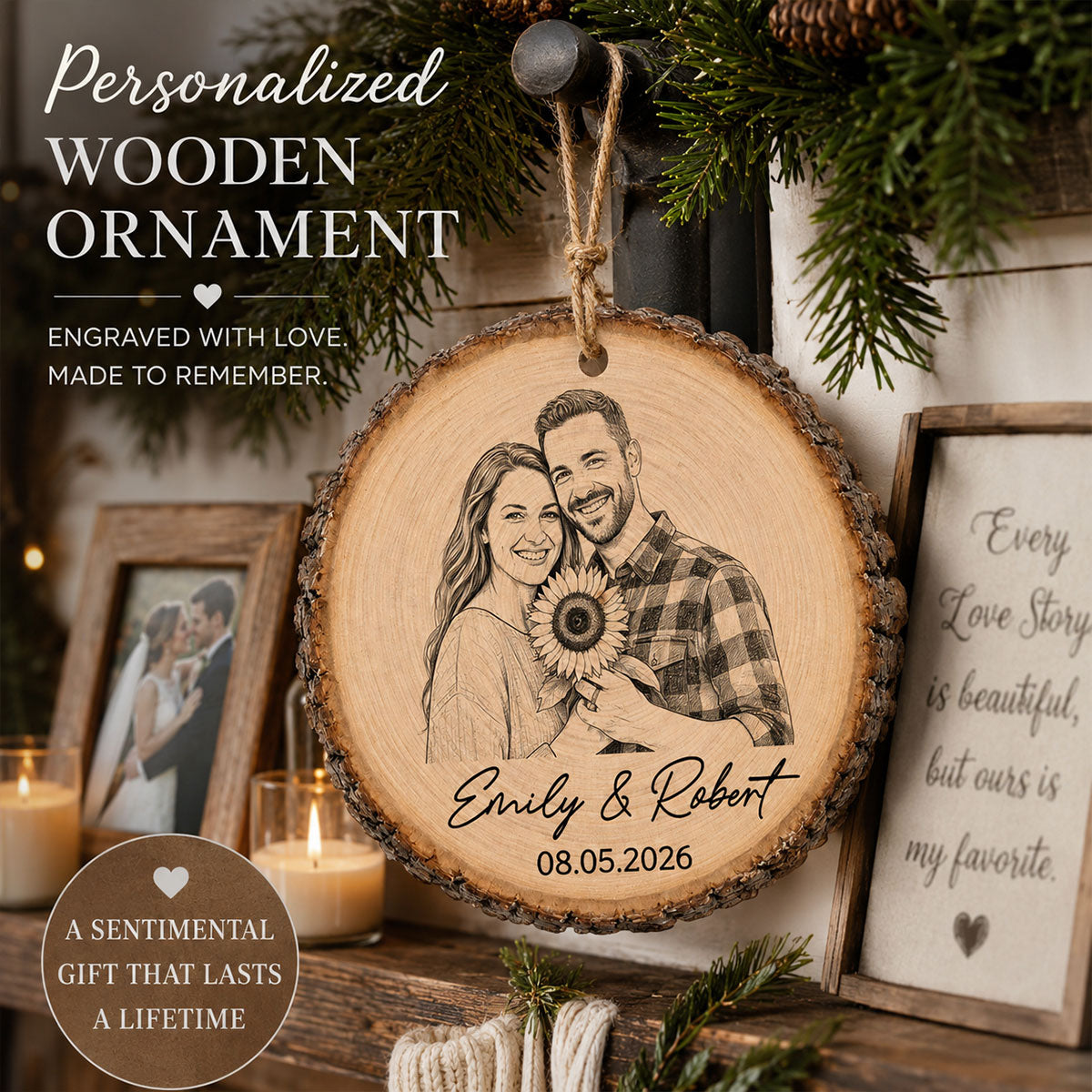 Sketch Style Couple Forever Love Custom Photo - Personalized Wooden Ornament - Christmas Gift, Anniversary Gift For Couple