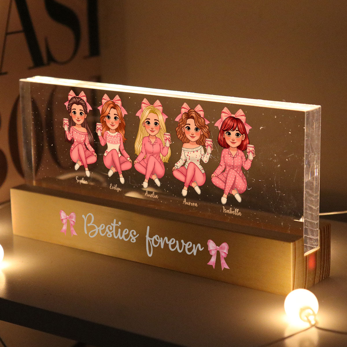 Coquette Animated Pink Besties Personalized Acrylic Block LED Night Light, Gift For Best Friends