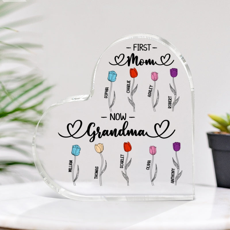 First Mom Now Grandma Tulip Flowers Personalized Heart Acrylic Block Plaque