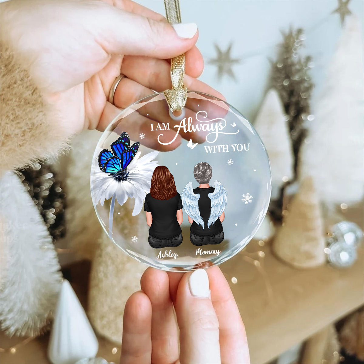 Butterfly Daisy Always With You Personalized Circle Glass Ornament, Heartfelt Memorial Gift For Your Loved One