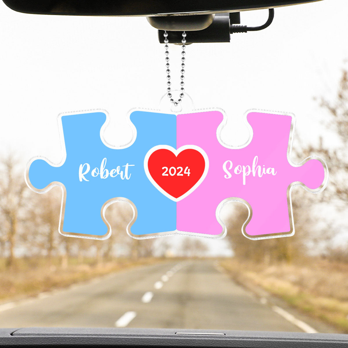 Love Is The Piece That Holds Us Together Acrylic Car Hanger, Personalize Couple Puzzle Name Sign,  Gift For Him, For Her, Wedding Gift