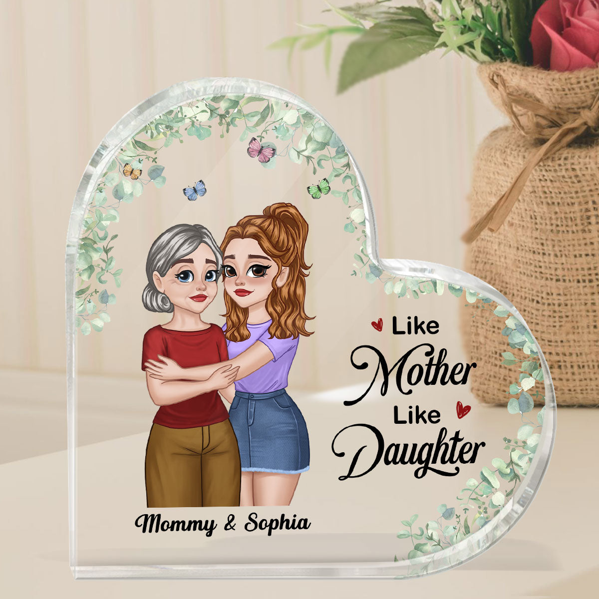 Pretty Cartoon Mother & Daughter Floral Personalized Acrylic Heart Plaque