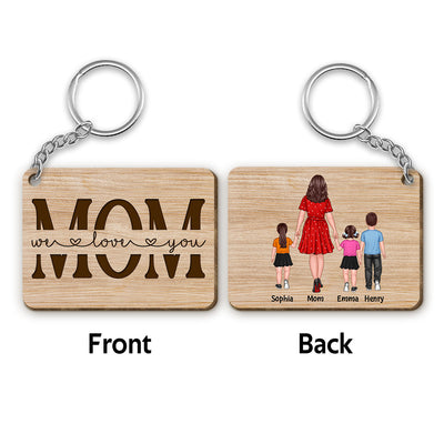 Best Mom Ever Back View Walking Woman & Kids Personalized Wooden Keychain