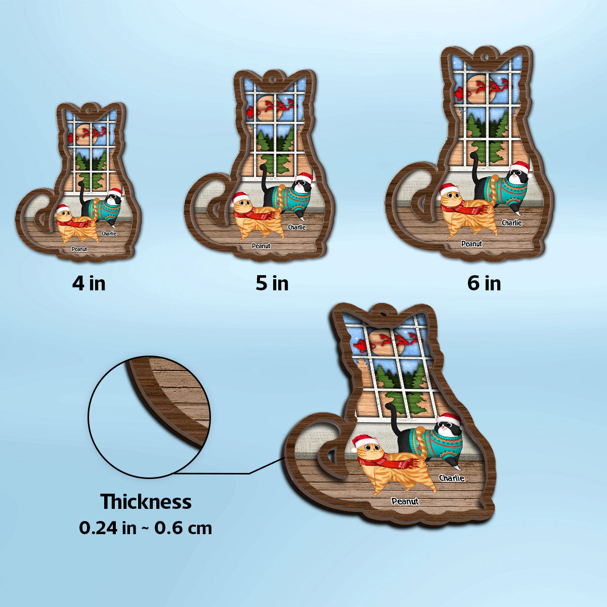 Full Cat Shaped Personalized Christmas 2-Layer Wooden Ornament
