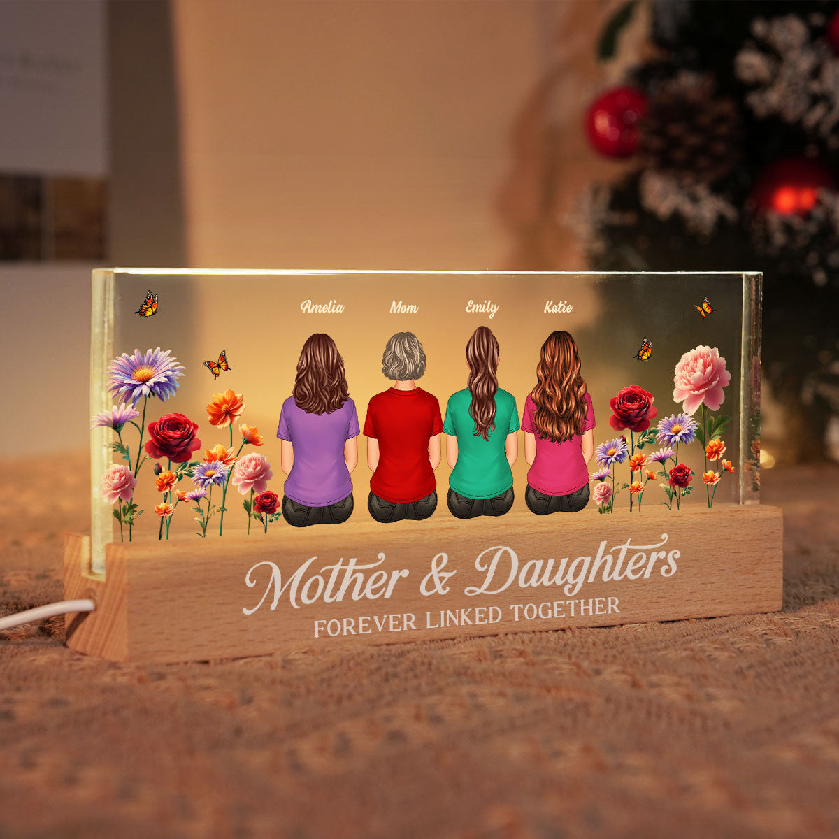 Mother & Daughters Sons Forever Linked Together 3D Effect Birth Month Flowers Personalized Acrylic Block LED Night Light