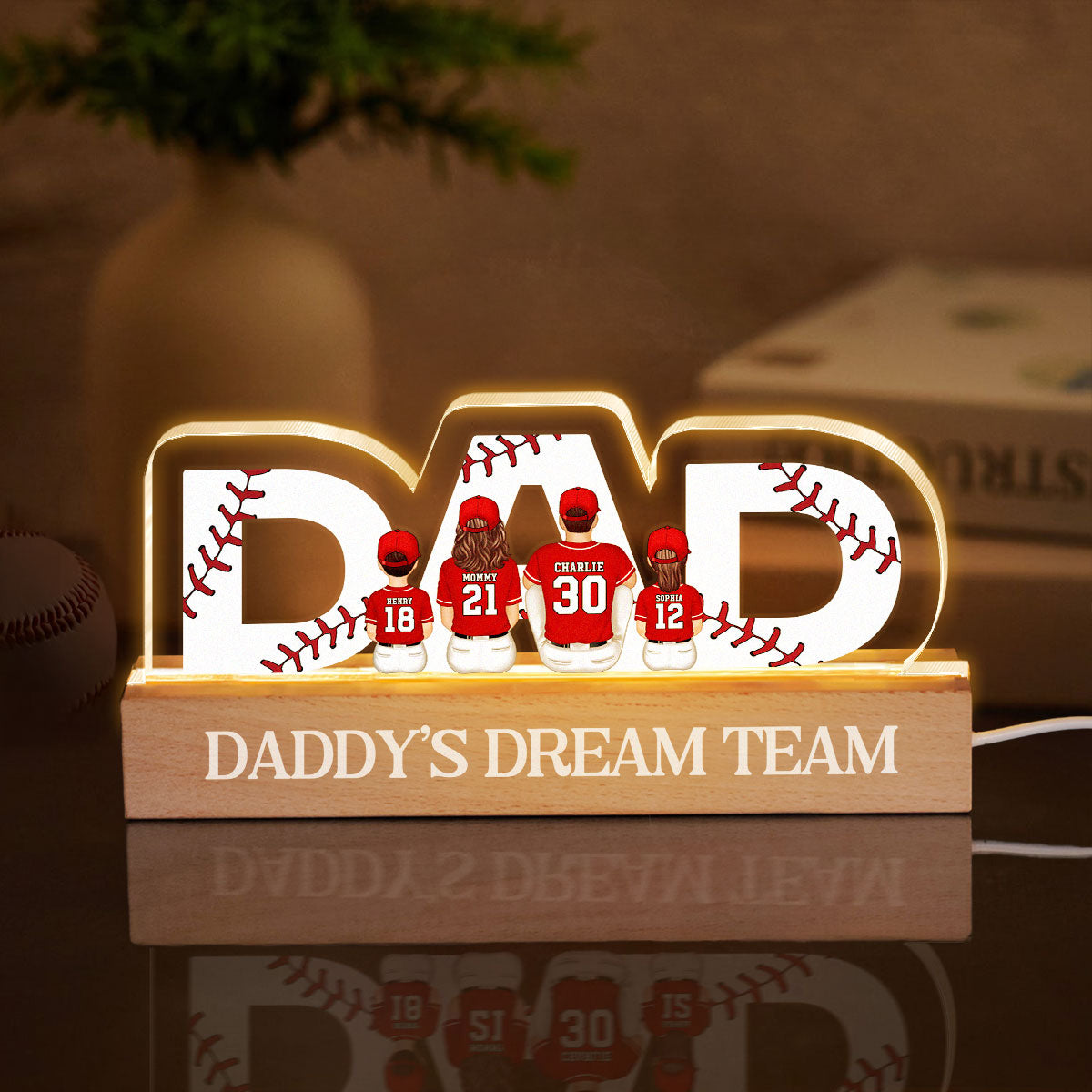 DAD Baseball Family Sitting Back View Personalized Acrylic LED Night Light, Father's Day Gift For Dad, Gift For Husband