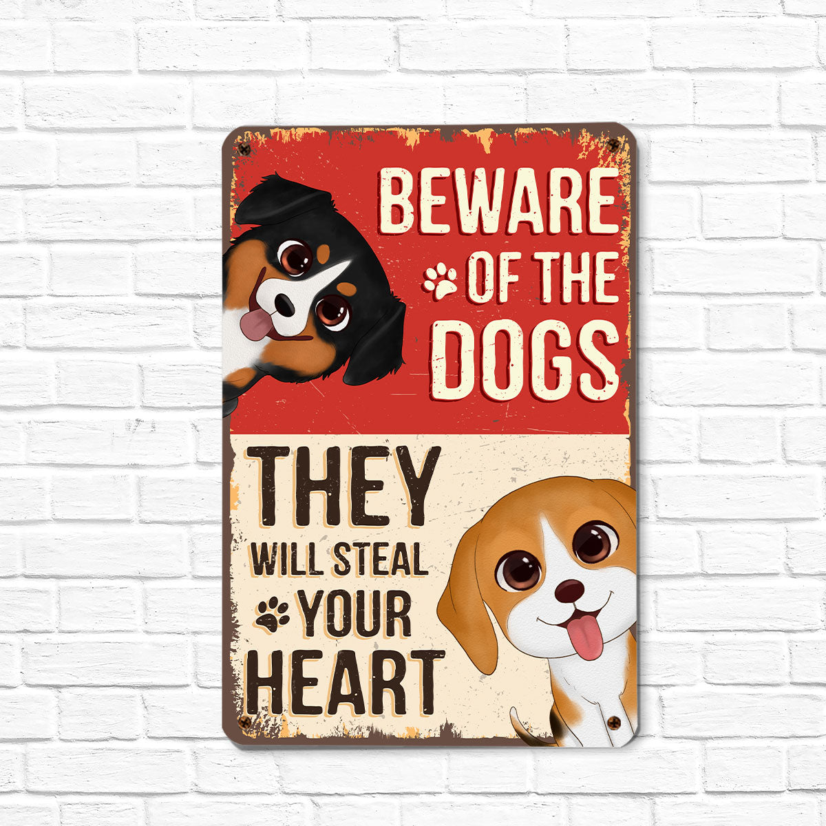 Watercolor Cute Dogs Beware Of The Dogs Personalized Metal Sign