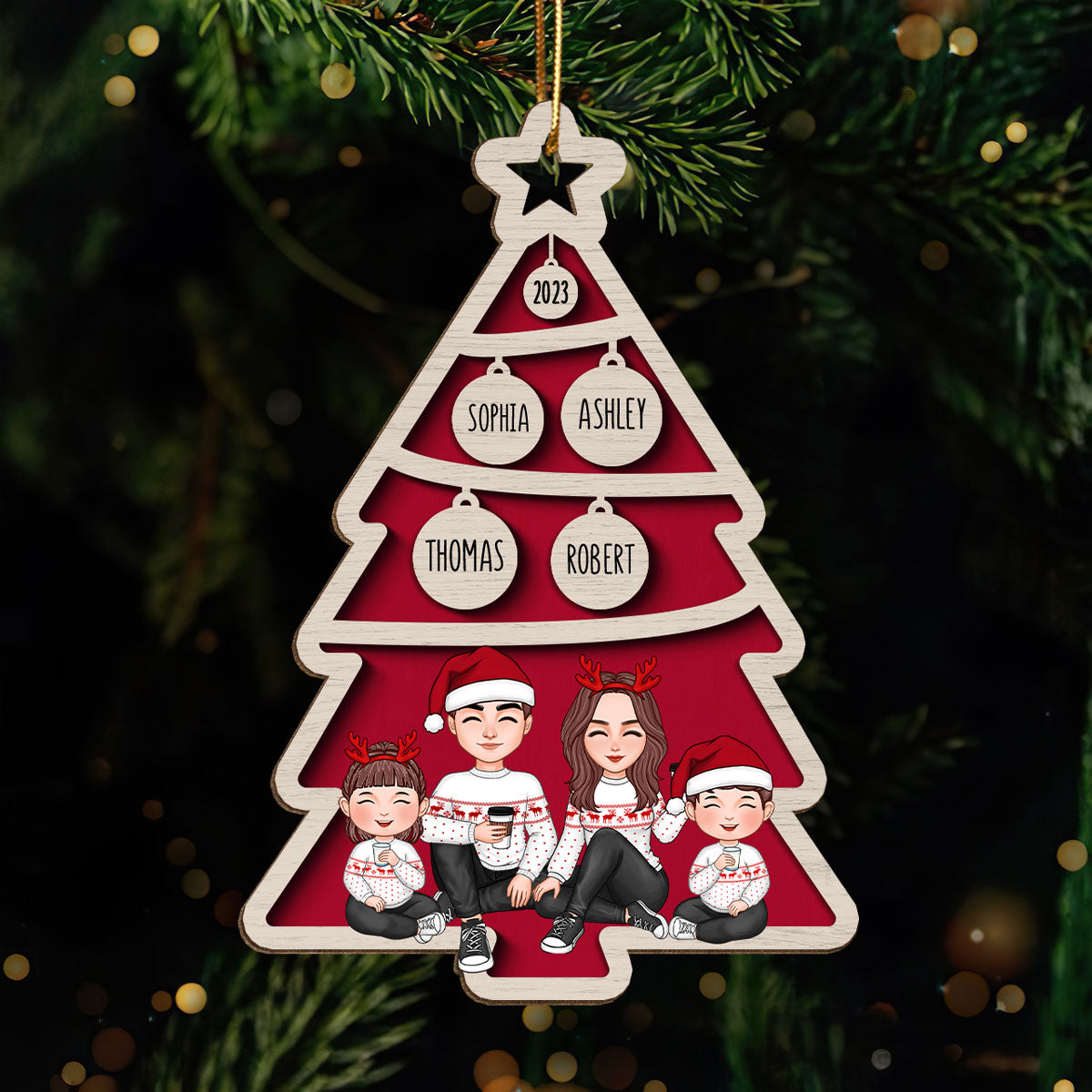 Family Sitting Christmas Tree Bauble Personalized Wooden Ornament