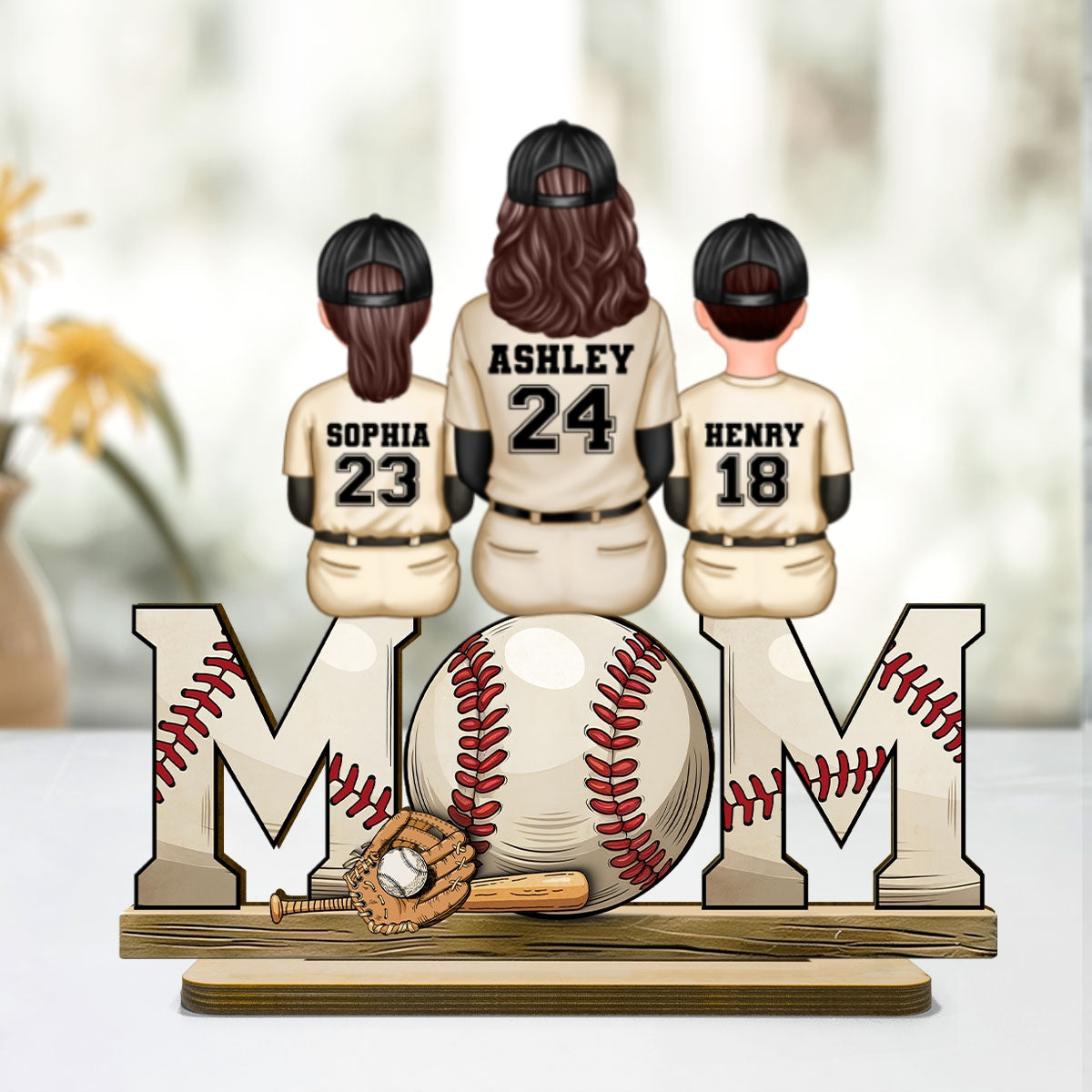 Baseball Mom Family Sitting Back View Personalized Standing Wooden Plaque, Gift for Wife, Gift for Mom