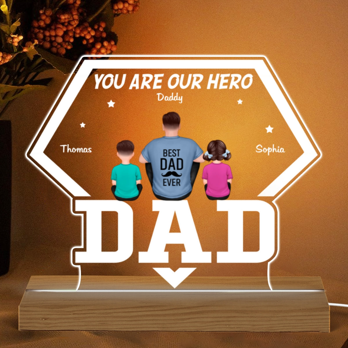 You Are Our Hero Back View Sitting Man Kids Dog Cat Personalized Custom Shaped Acrylic Plaque With LED Night Light
