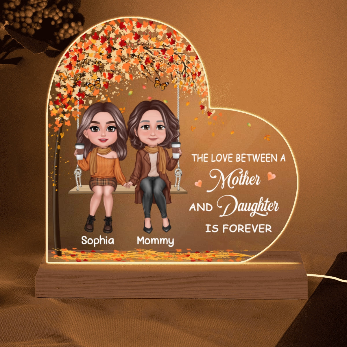 Fall Season Mother Daughters Sitting On Swing Personalized Custom Shape Acrylic LED Night Light