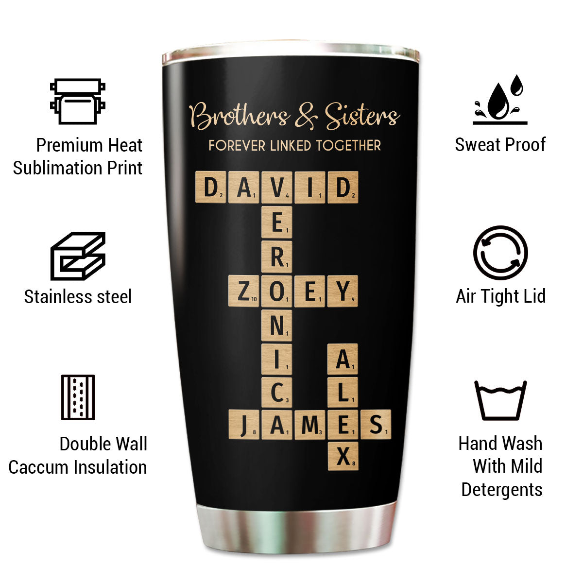 Brothers & Sisters Forever Linked Together Crossword Puzzle Art Personalized Tumbler, Gift For Brothers, Sisters, Siblings, Family