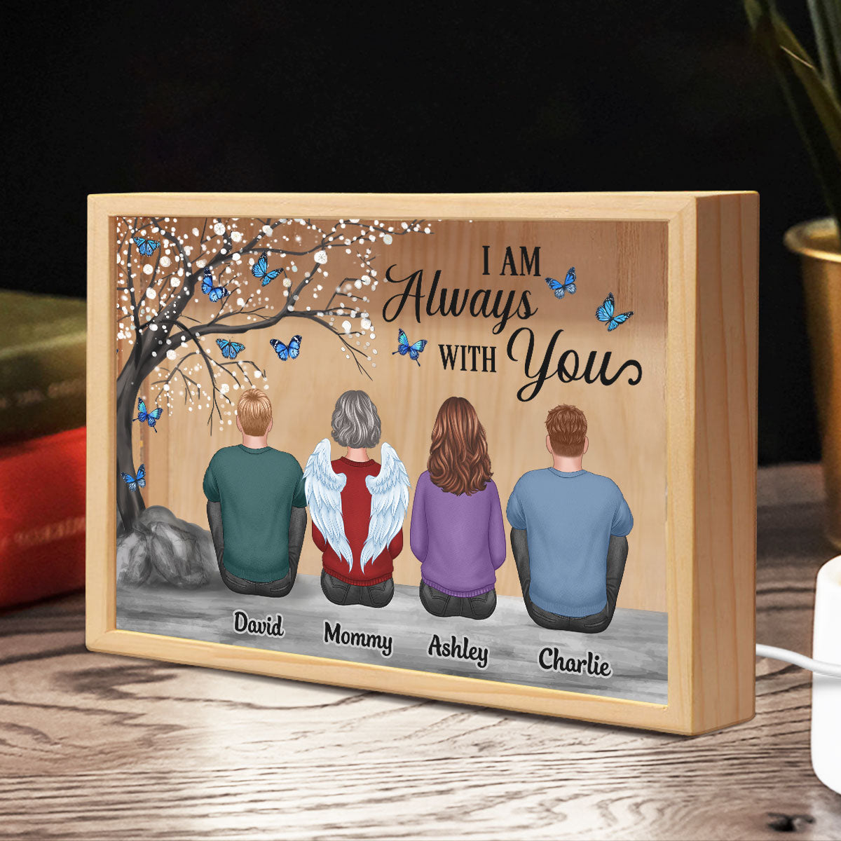 Always With You Family Dad Mom Kids Dogs Cats Blossom Tree Memorial Remembrance Sympathy Gift Personalized Wooden Frame Light Box