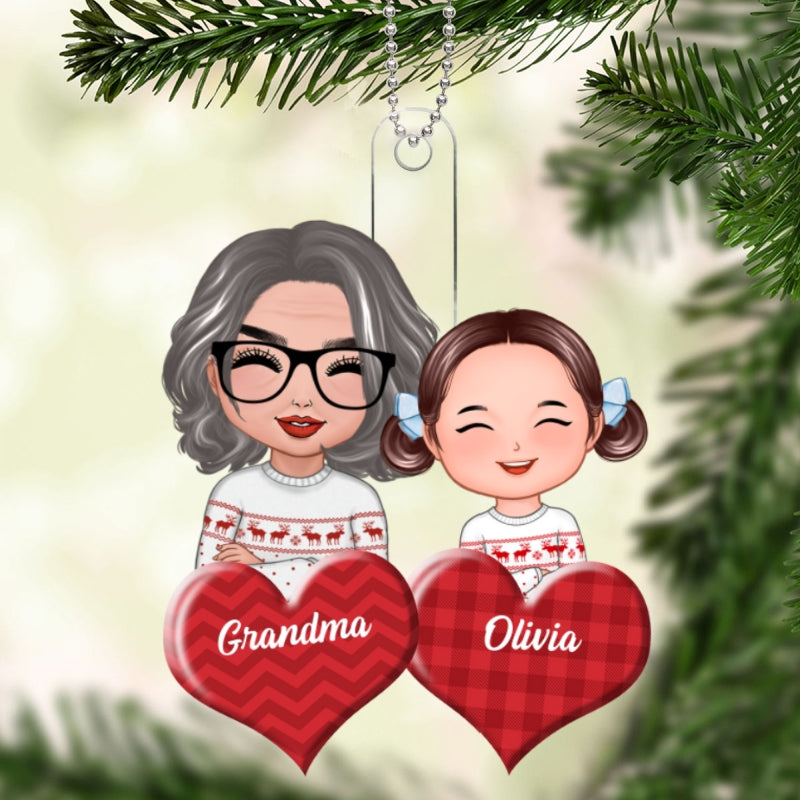 Doll Grandma And Granddaughter Grandson Crossed Arms On Hearts Christmas Gift Personalized Acrylic Ornament