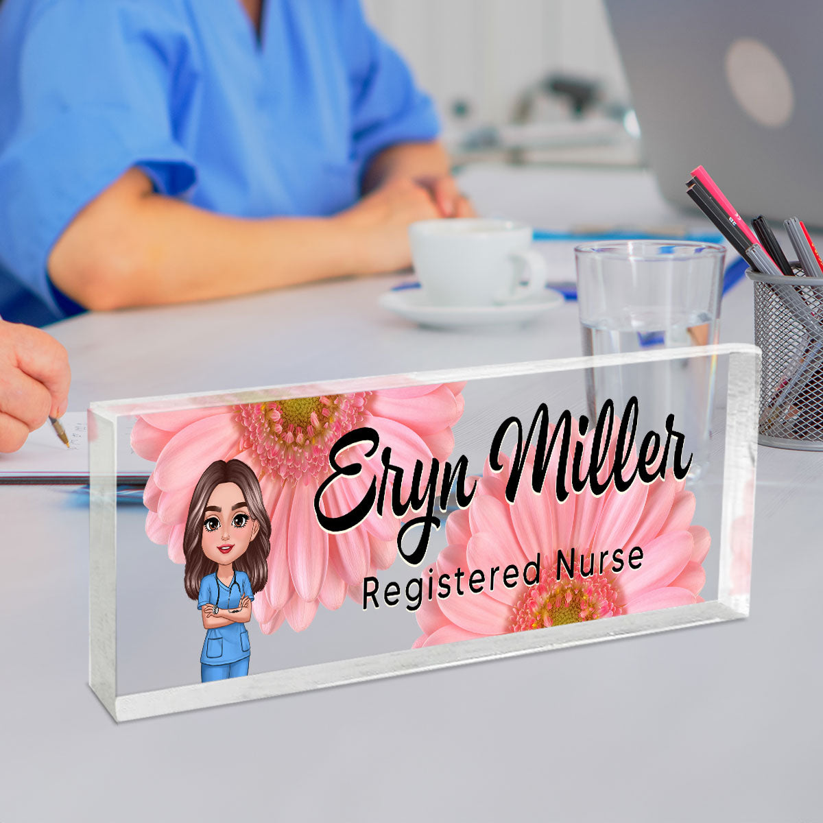 Nurse Flowers Personalized Acrylic Desk Name Plate, Gift For Nurses, Doctors, Healthcare Workers