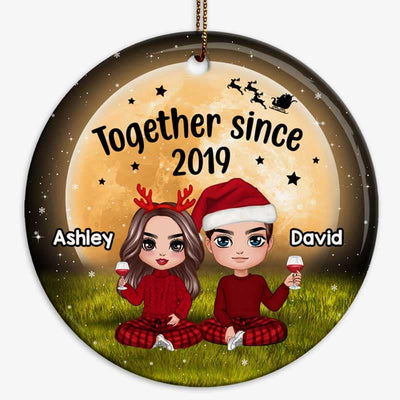 Doll Couple Sitting Under Yellow Moon Personalized Circle Ornament